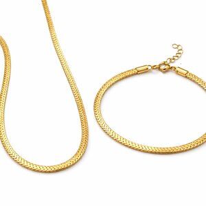 18K ION Plated Herringbone Chain Set • 3mm • 24" Necklace & 8racelet